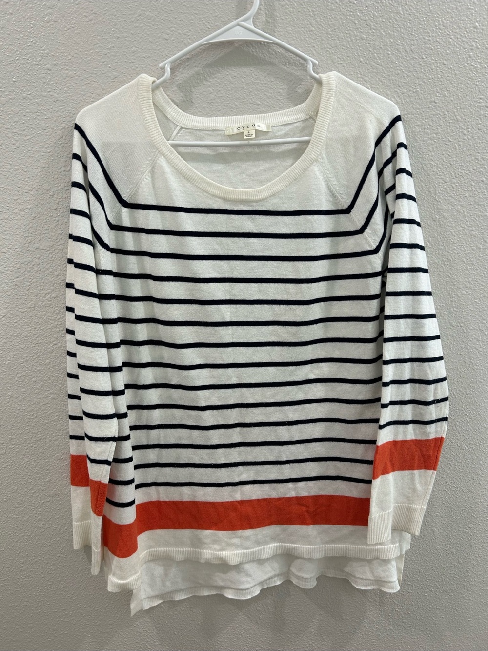Cyrus White Black Striped Scoop-Neck Sweater with Orange Bands